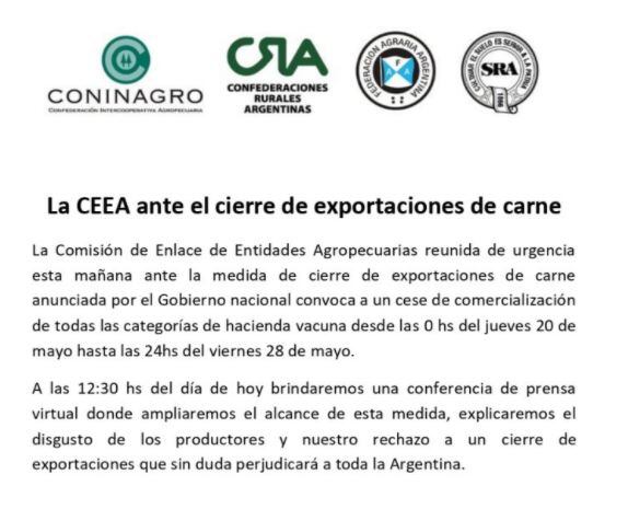 Respuesta campo a gobierno nacional con relación al corte de exportaciones