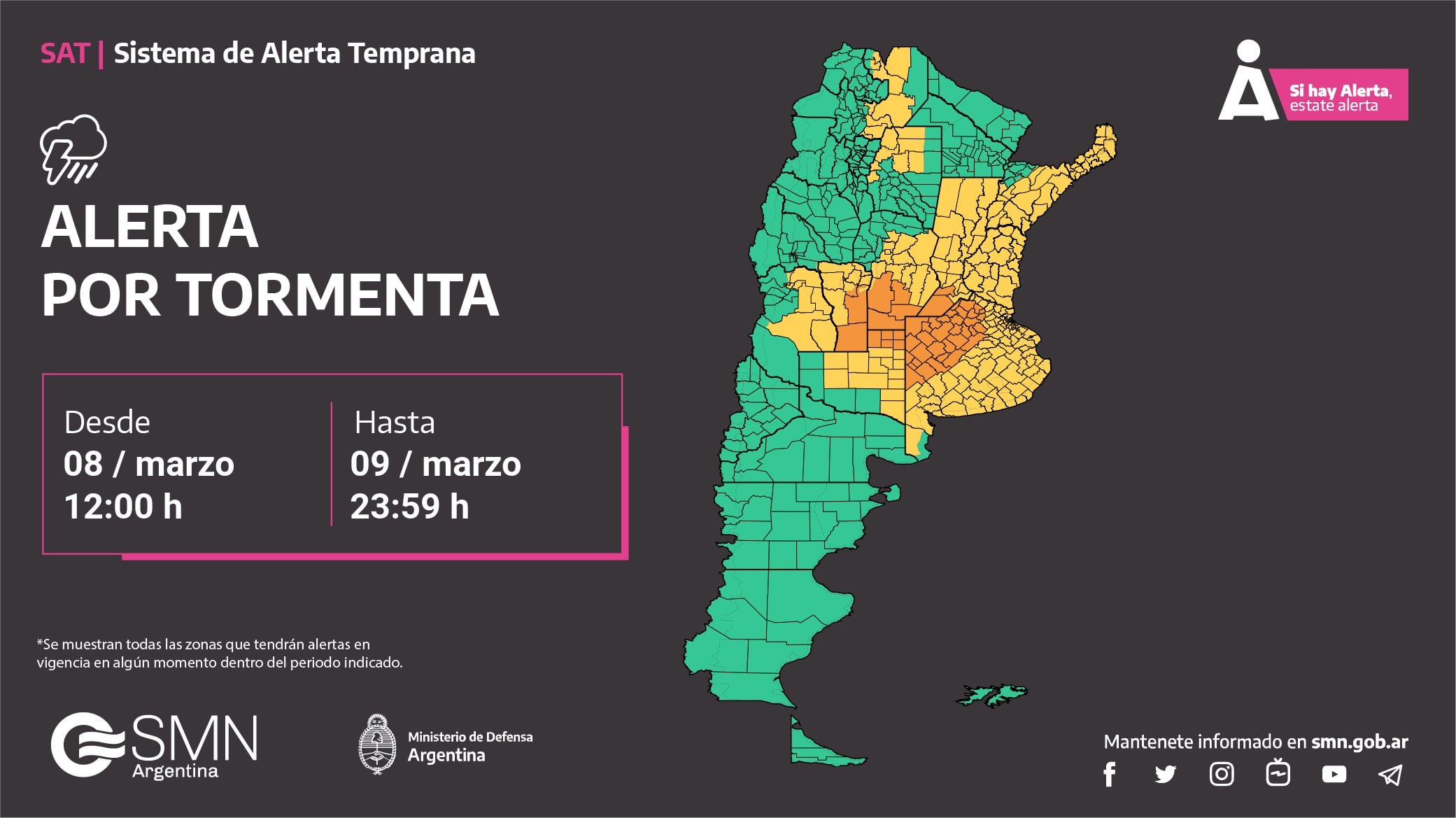 Alerta naranja y amarilla por tormentas en Córdoba.