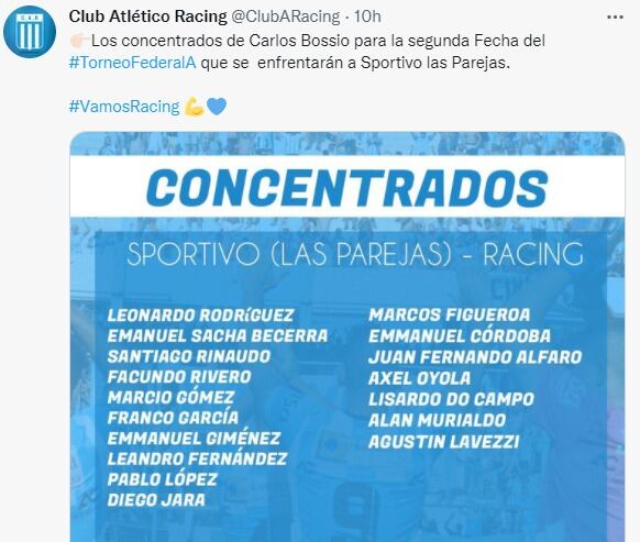 Los concentrados de Racing para la visita de este domingo a Sportivo Las Parejas.