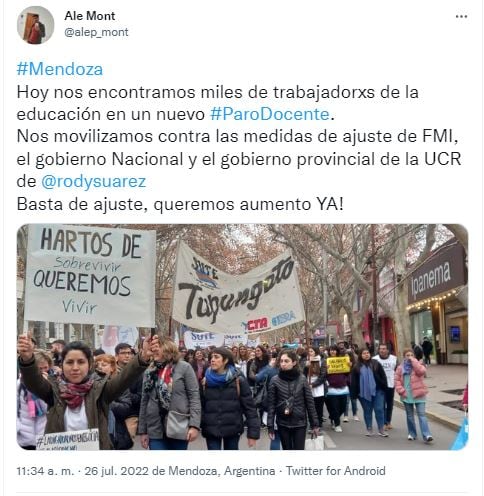 #ParoDocente, fuerte acatamiento de los educadores en Mendoza. Repercusiones en las redes sociales.