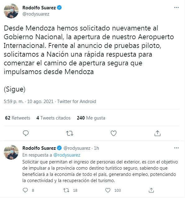 El Tweet del Gobernador en la que informe sobre el pedido a la Nación.