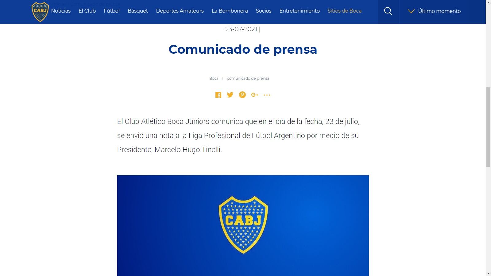 Comunicado de prensa de Boca sobre el partido ante Banfield. (Foto: Captura)