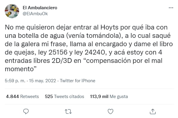 Un usuario de Twitter tuvo problemas para entrar al cine en Córdoba.