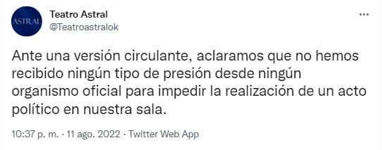 El tuit del Teatro Astral tras los dichos de Milei.