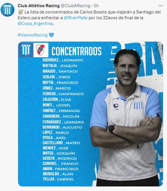 El plantel de Racing para Copa Argentina. Repite formación ante River.