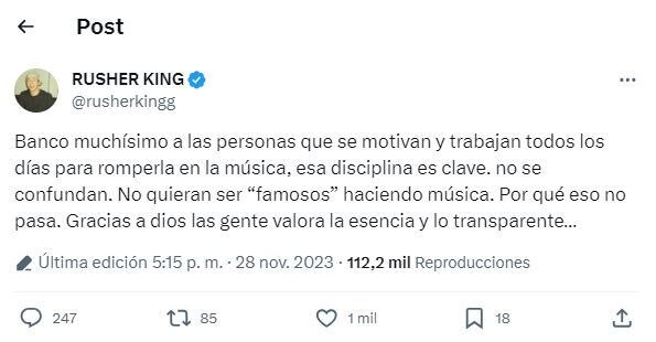 ¿Palito para la China Suárez? El fuerte descargo de Rusherking: “No quieran ser famosos haciendo música”