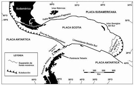 Imagen de la disposición de las placas tectónicas y la ubicación de la Falla Magallanes-Fagnano.