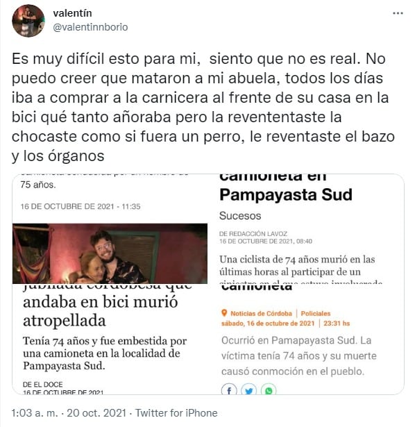 Valentín Borlo se mostró indignado en Twitter por la muerte de su abuela.