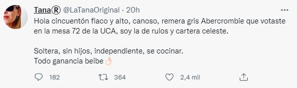 El tuit de la mujer que buscó al hombre de quien se "enamoró". Twitter @LaTanaOriginal