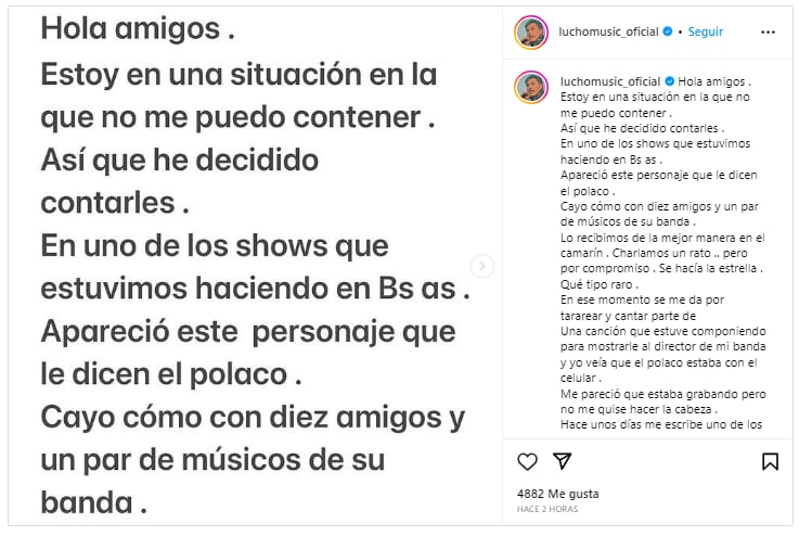 El polémico posteo que realizó el cantante cordobés en su cuenta de Instagram.