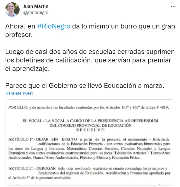 Juan Martín, legislador de la Provincia de Río Negro, rechazó el cambio de calificación a los alumnos de primaria.