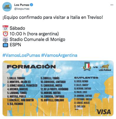 Los Pumas, con equipo confirmado para enfrentarse ante Italia.