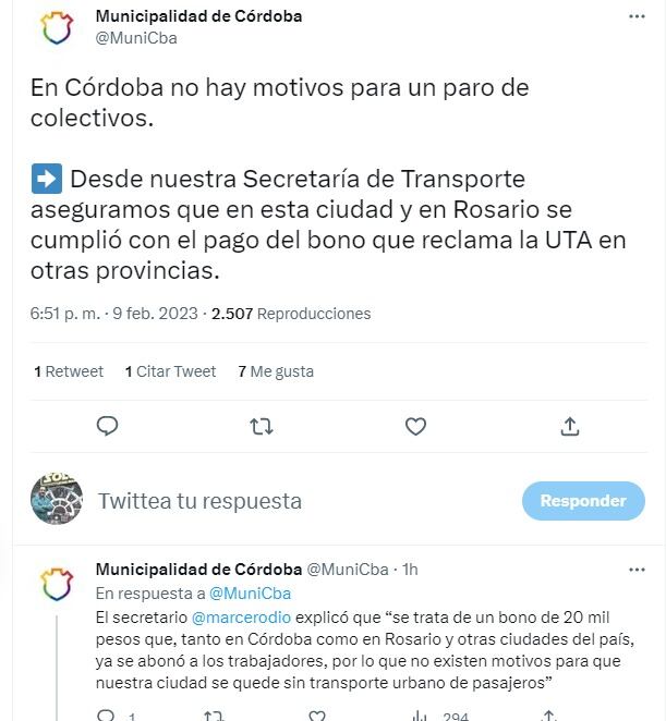 La Municipalidad de Córdoba confirmó que se pagó el bono para los choferes de colectivo.