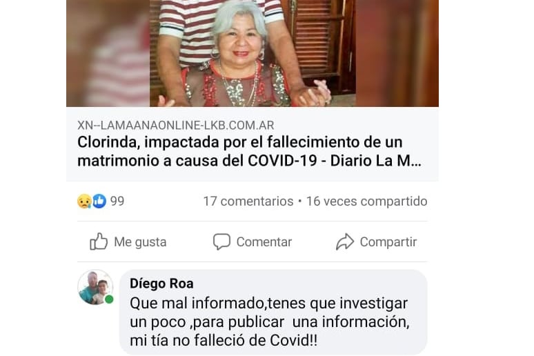 El sobrino publicó en las redes sociales que su tía no tenía coronavirus