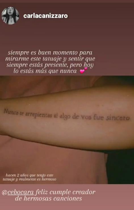 Tatuaje con frase de una de las canciones de El Cebo- Carla Canizzaro.