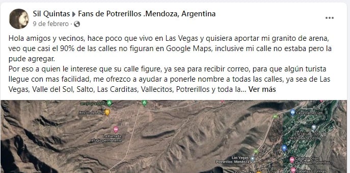 Una vecina de Las Vegas se ofreció a enviar a Google Maps el nombre de las calles de las villas de Potrerillos.