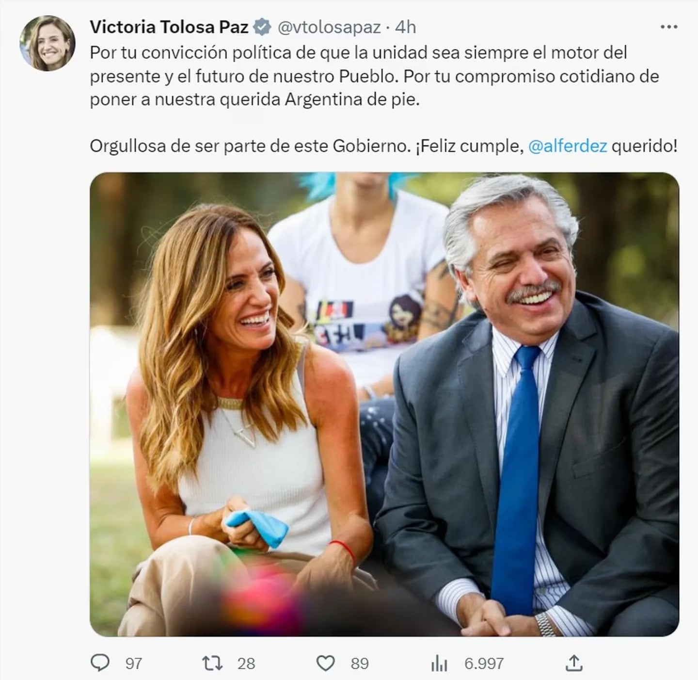 Alberto Fernández recibió el saludo de Tolosa Paz en su cumpleaños