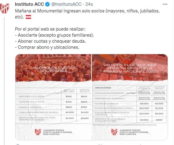 Los precios para asociarse a Instituto, que este viernes recibe a Alvarado.