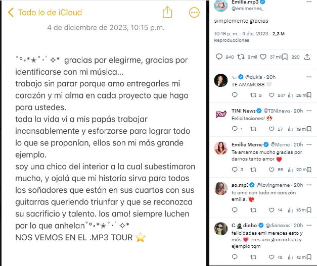 Emilia Mernes agradeció en redes sociales