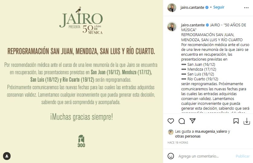 Jairo debió suspender su gira por el país por su cuadro de neumonía