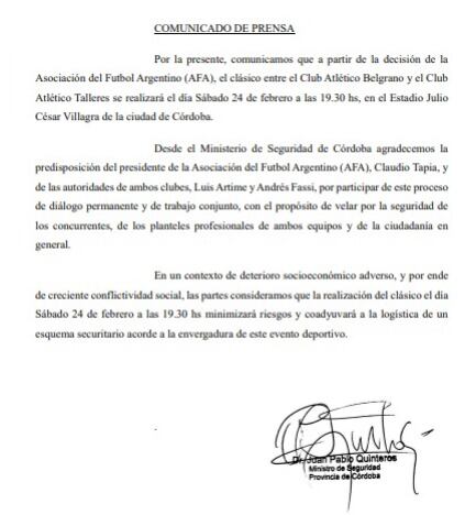 El agradecimiento de Quinteros por el cambio de horario del partido entre Belgrano y Talleres.