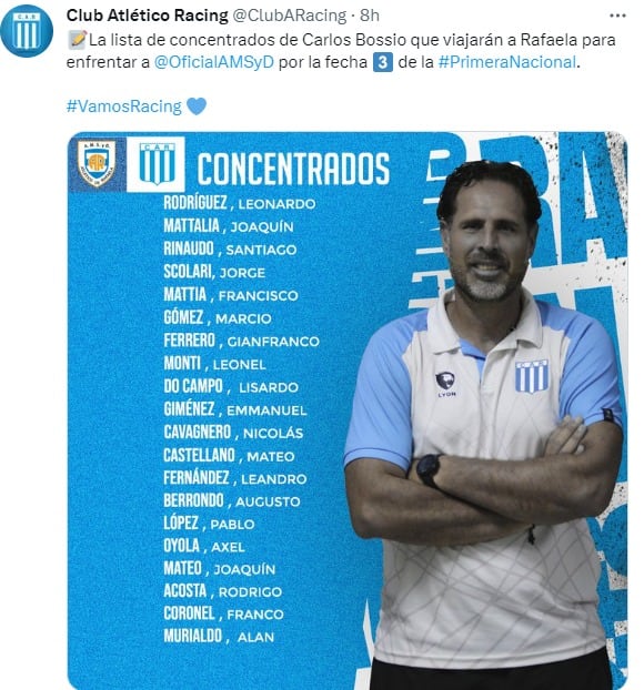 El plantel de Racing que viajó a Rafaela, para la visita al Atlético.