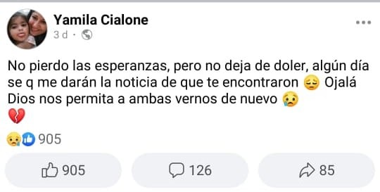 Mensaje de Yamila Cialone en su Facebook