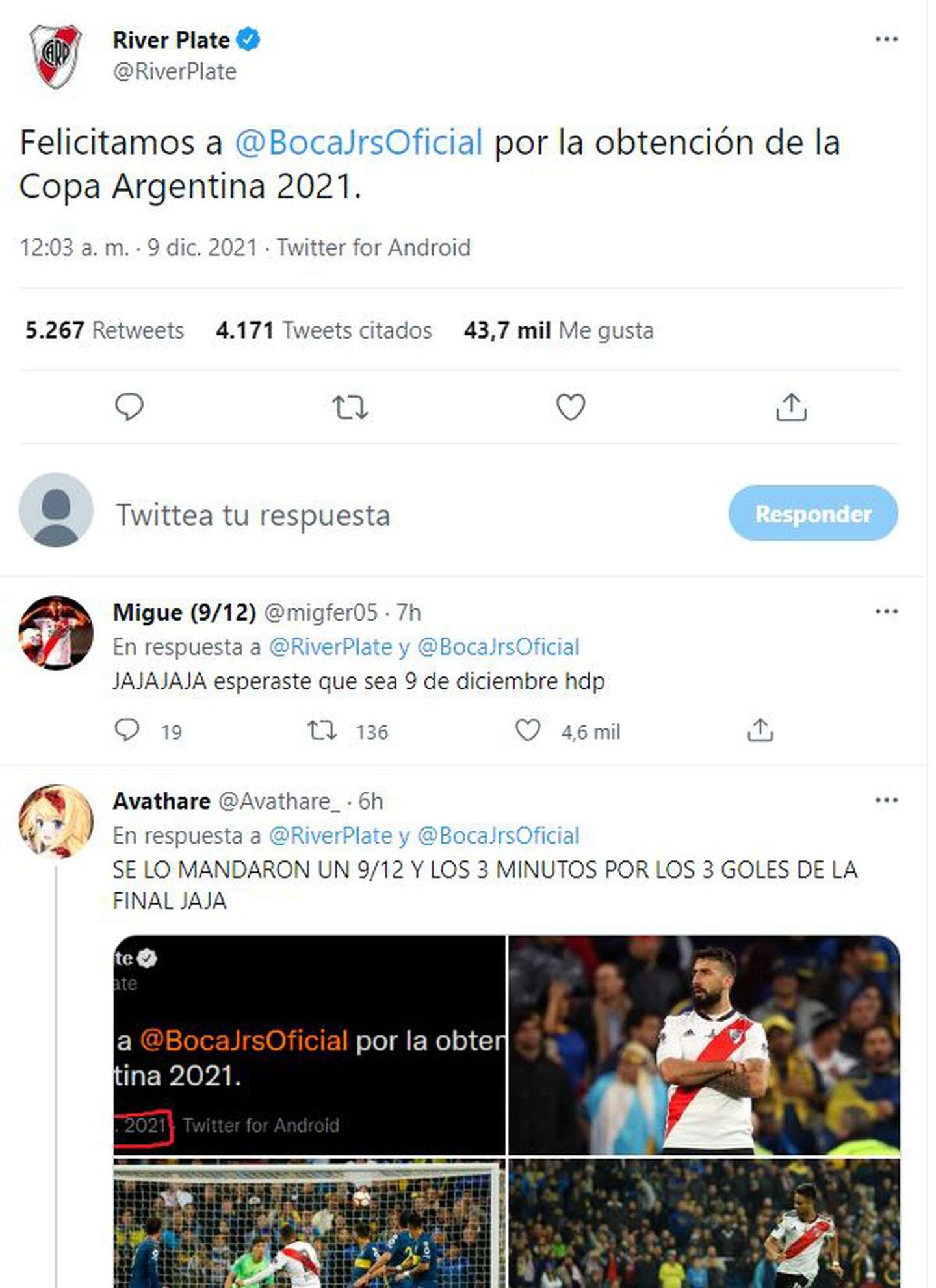 La chicana de River en la felicitación a Boca por la Copa Argentina.