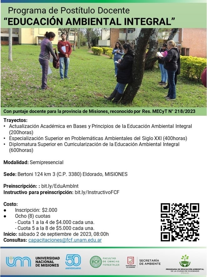 Informan que se encuentran abiertas las inscripciones para el Postítulo en Educación Ambiental Integral en Eldorado.