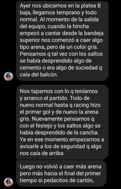 El relato de una de las hinchas que fue sorprendida por las cenizas.