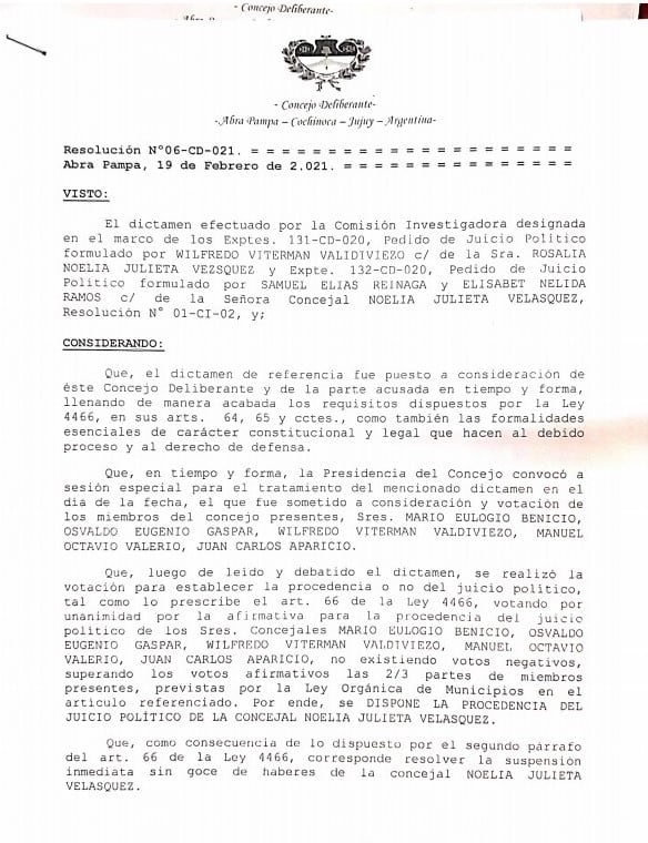 Con el voto unánime del cuerpo, el Deliberante de Abra Pampa suspendió en sus funciones a la concejal Noelia Velásquez.