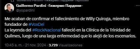 Murió Willy Quiroga, el fundador de Vox Dei