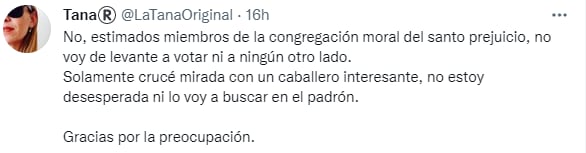 Una de las respuestas de esta mujer ante los comentarios y "consejos" que comenzaron a brindarle los usuarios de la red social. Twitter @LaTanaOriginal