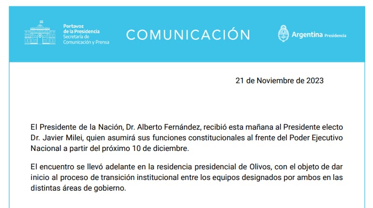 El comunicado oficial de la presidencia.