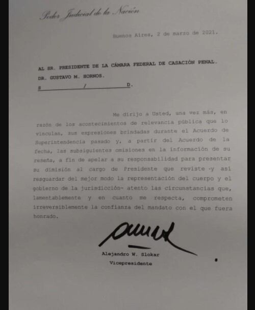 El oficio que presentó Slokar en la Cámara de Casación Penal.