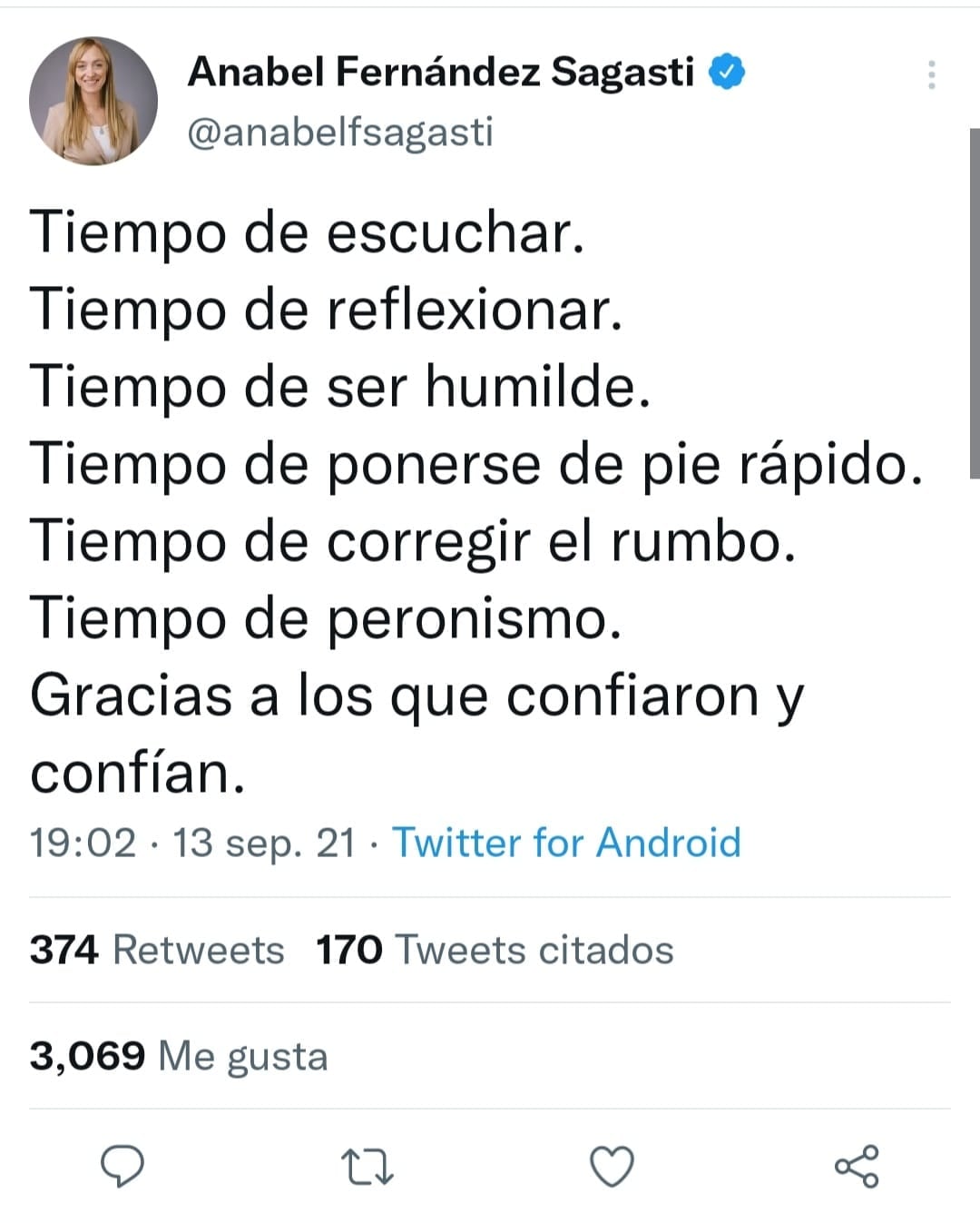 Anabel Fernández Sagasti reflexionó en las redes luego de la derrota en las PASO.