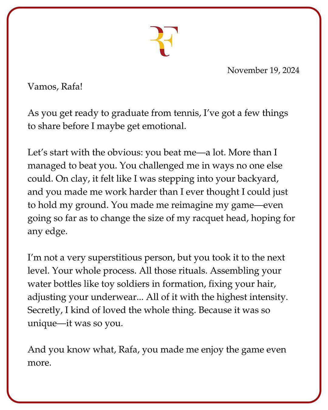 La carta de despedida de Roger Federer a Rafael Nadal