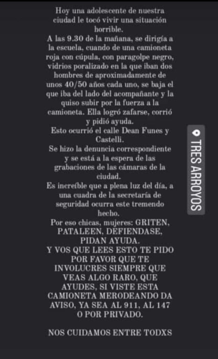 Tres Arroyos: Intentaron secuestrar a una menor cuando iba al colegio