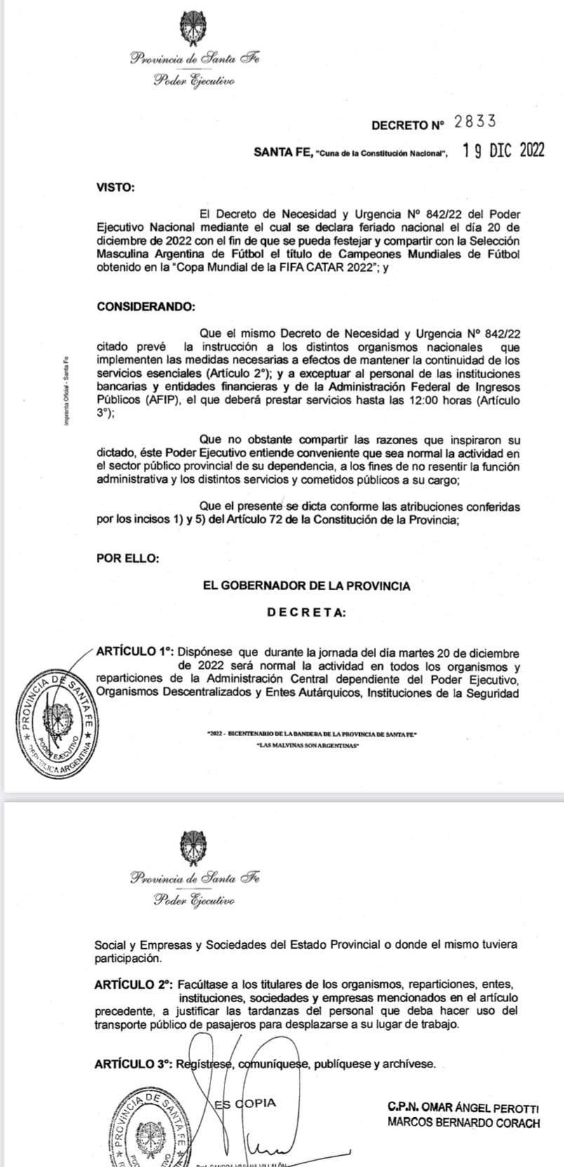 Santa Fe no adhiere al feriado nacional del martes 20 por la llegada de la Selección a CABA.