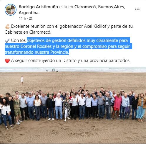 Rodrigo Aristimuño publicó en Facebook sus impresiones tras el encuentro con Kicillof.