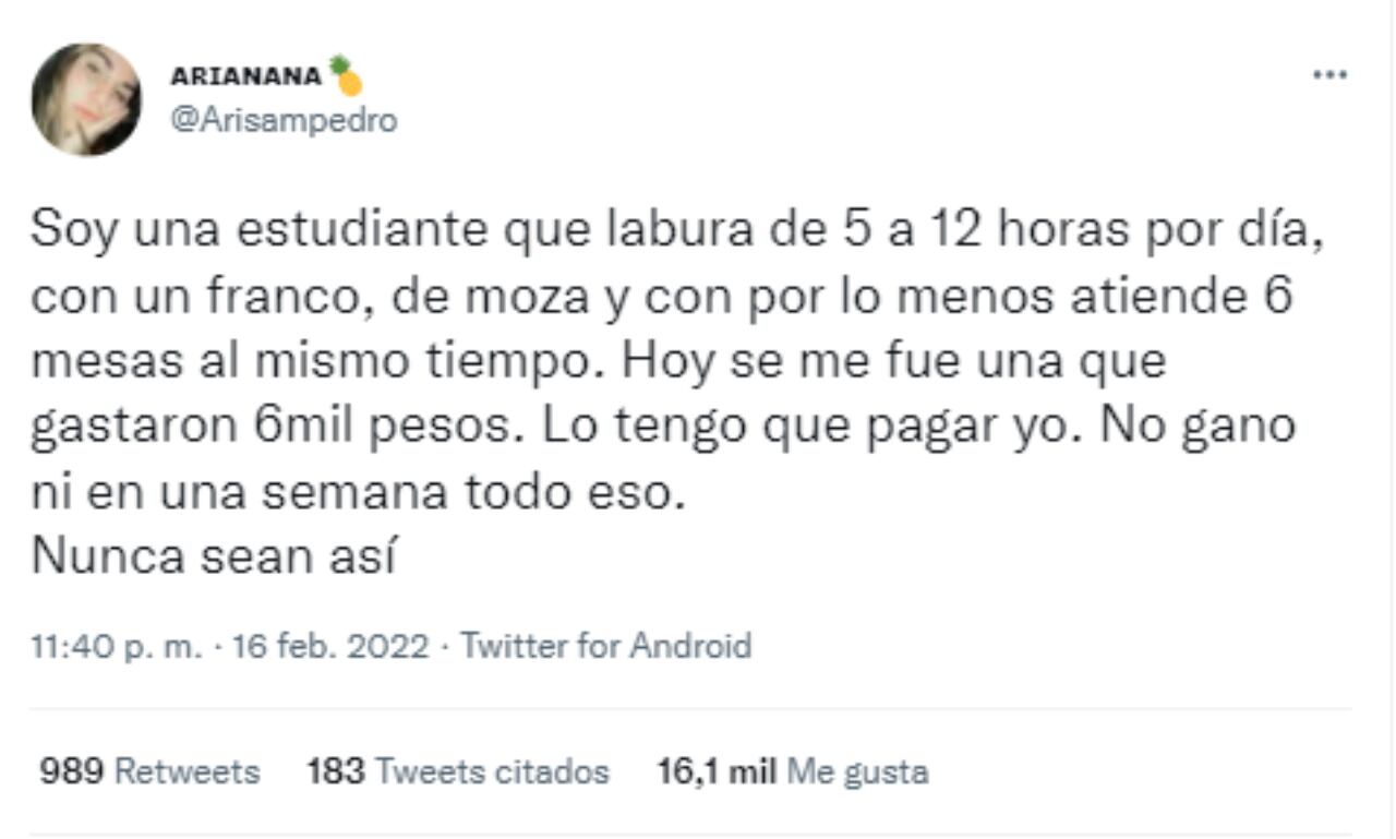 Una moza de La Plata contó que un grupo de clientes se fue sin pagar y en Twitter la ayudaron a juntar la plata que le cobraron.