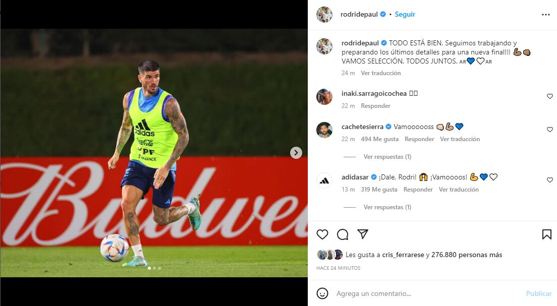 Rodrigo de Paul intentó llevar tranquilidad sobre su estado físico.