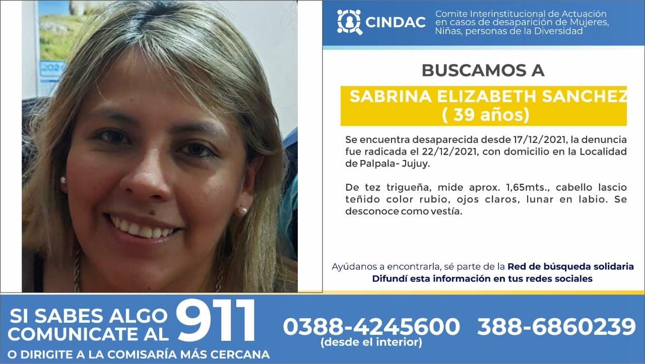 El alerta difundido por el Comité Interinstitucional de Actuación en casos de desaparición de Mujeres, Niñas, Personas de la Diversidad (CINDAC) en Jujuy, en la búsqueda de Sabrina Elizabeth Sánchez, la docente desaparecida en Palpalá el pasado 17 de diciembre.