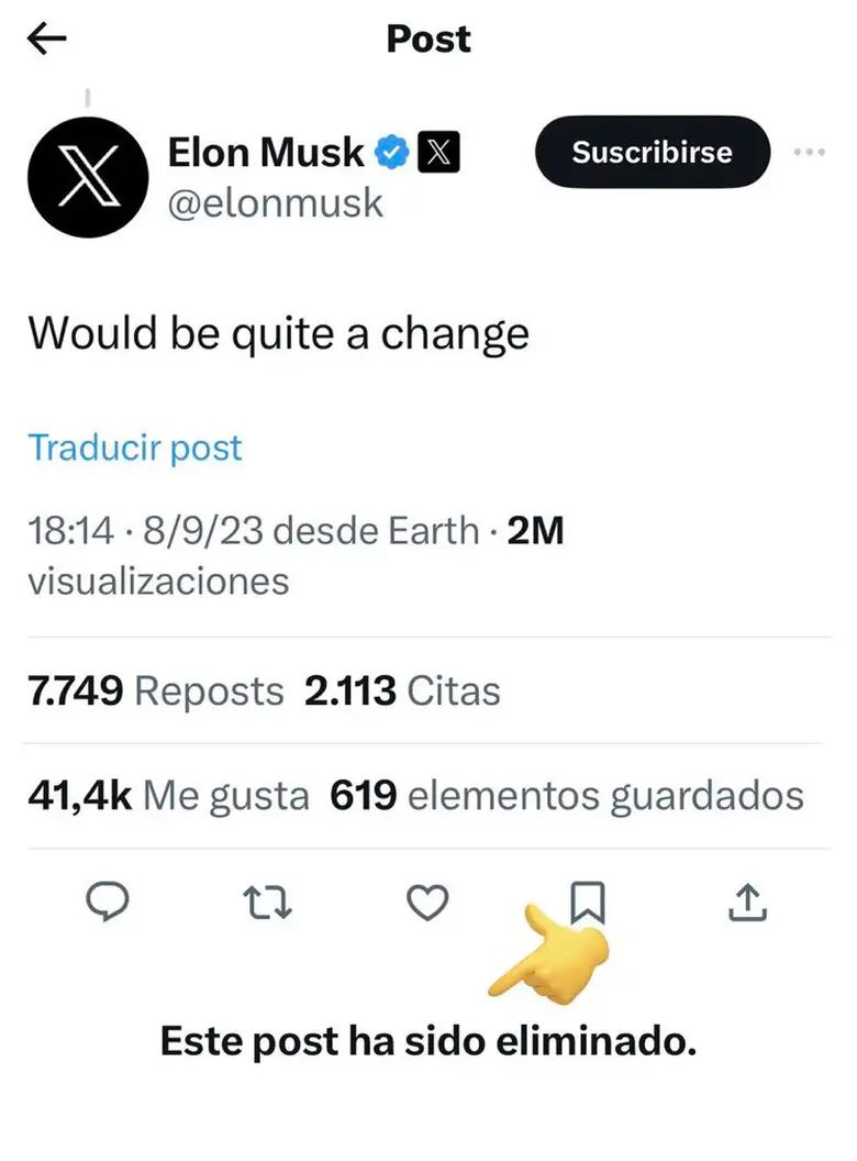 Posteo de Elon Musk que luego eliminó. Foto: X / @elonmusk