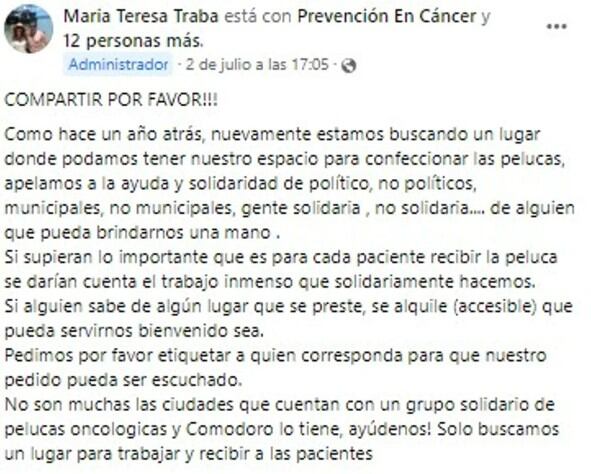 El pedido de colaboración de las mujeres que trabajan para hacer las pelucas oncológicas.