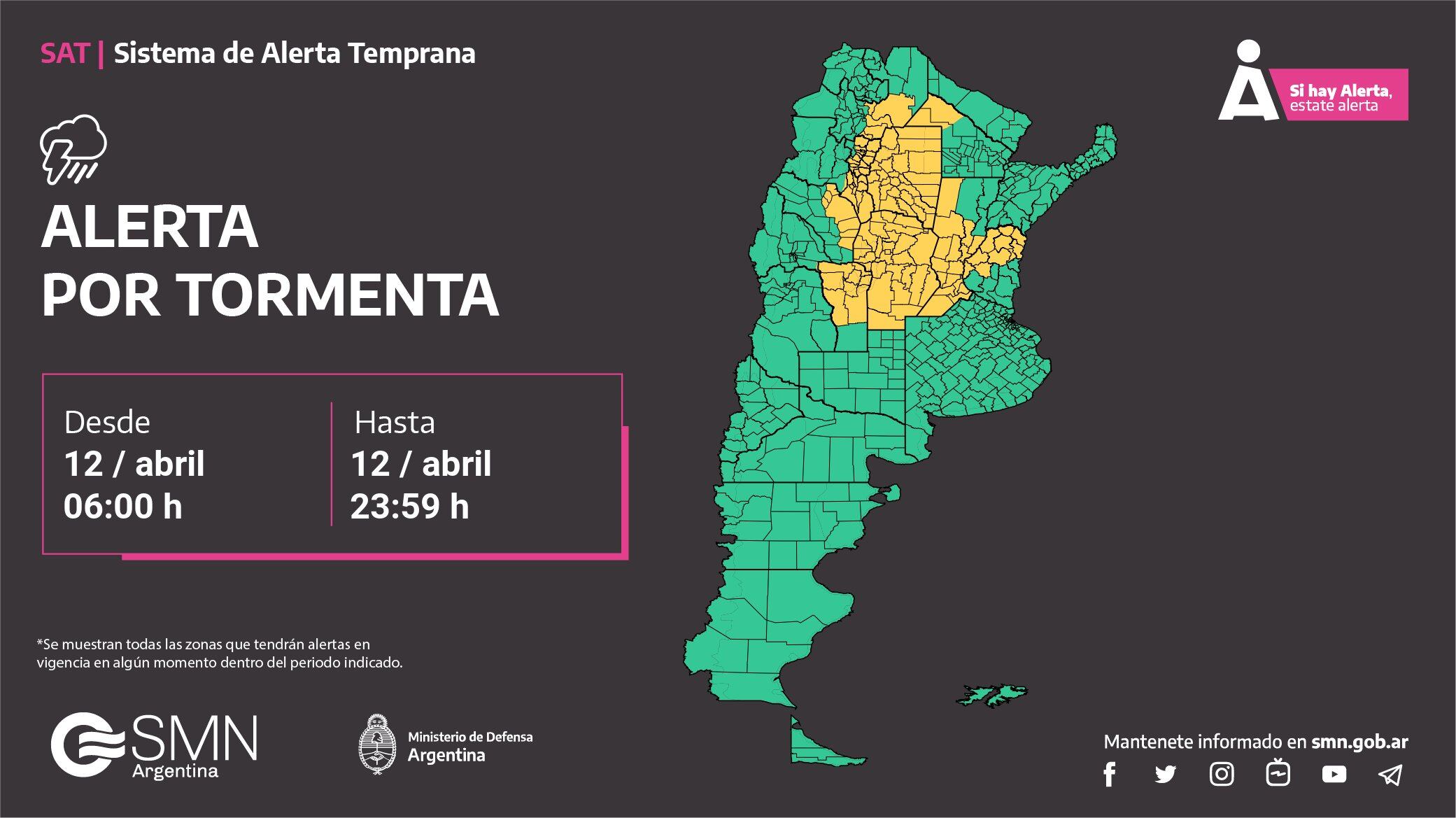 Alerta amarilla por tormentas para este miércoles 12 de abril.