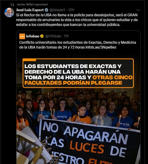 Luis Espert criticó al rector de la UBA y Milei lo apoyó