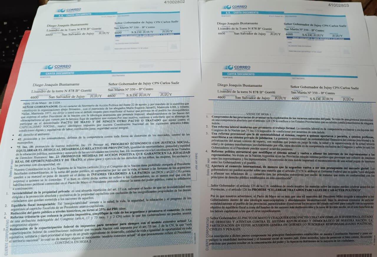 En dos cartas documento, organizaciones políticas vinculadas al kirchnerismo y a la izquierda advirtieron al gobernador Carlos Sadir sobre adherir al Pacto de Mayo.