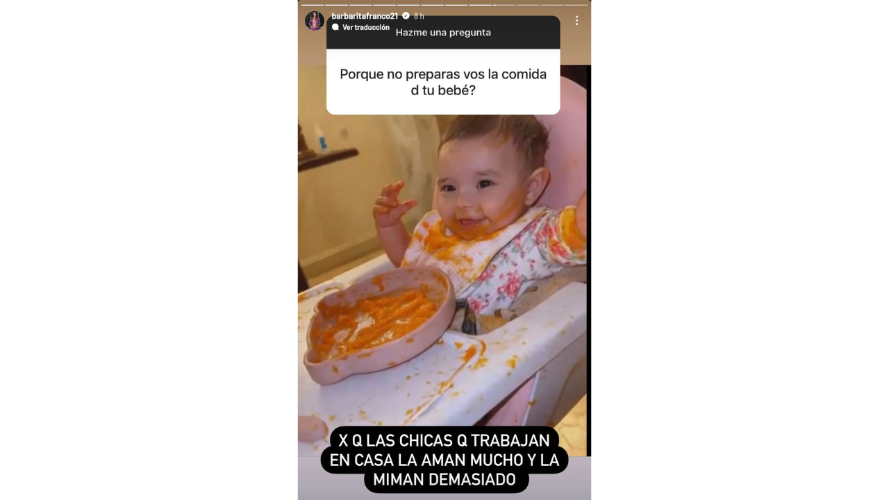 La razón por la que Barby Franco no le prepara la comida a su bebé: “La miman”.