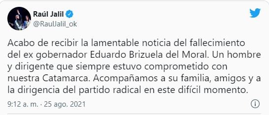 Jalil lamentó el fallecimiento de Brizuela del Moral.